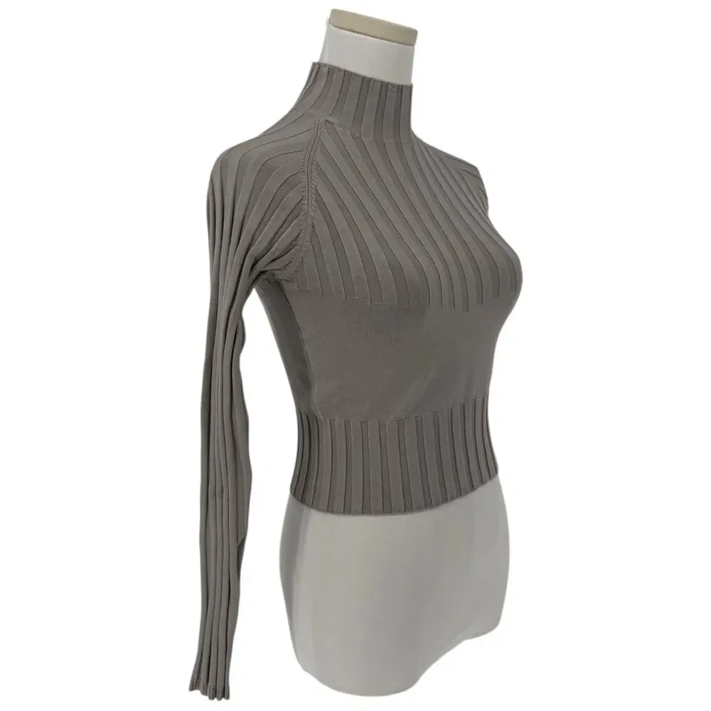Y2K Vintage Grey Silk Blend Crop Top Long Sleeve Turtleneck Sweater L Casual